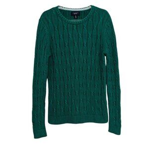 Lands End Drifter Sweater Womens Size Medium Green Cable Knit Cotton Crew Neck